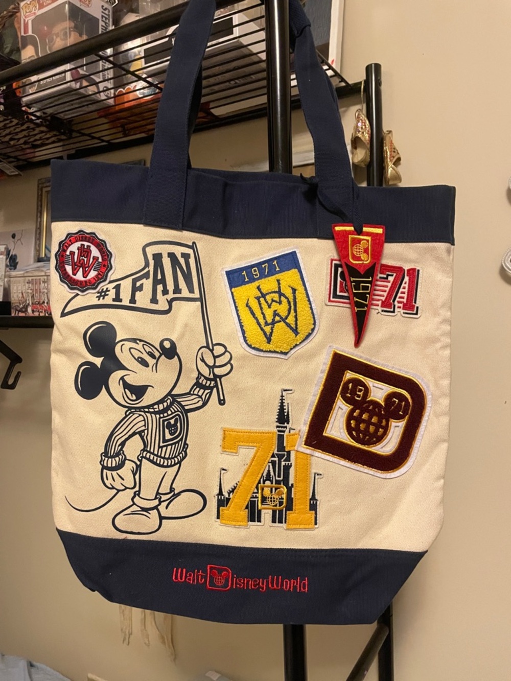 Disney Parks Navy and Cream Mickey 1971 Patch Tote Bag